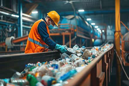 Worker sorting waste on conveyor with different household waste, an Industrial Photo by AlyaAnd