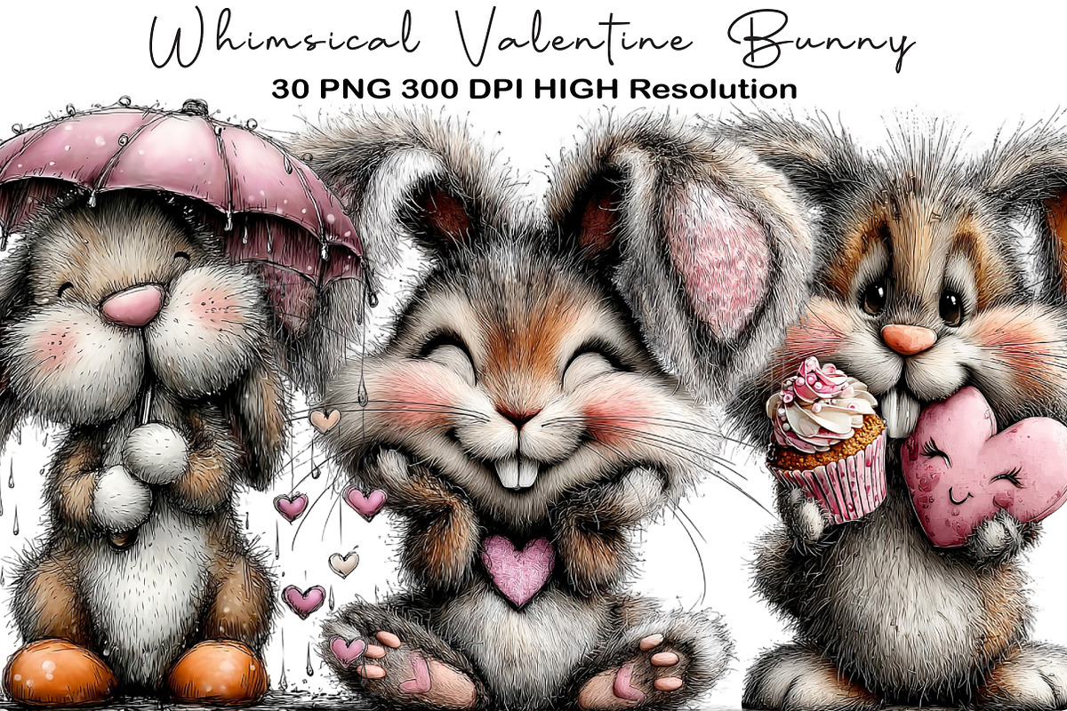 Whimsical Valentine Bunny Clipart, an Illustration by Black Bird Studio (Photo 1 of 6)