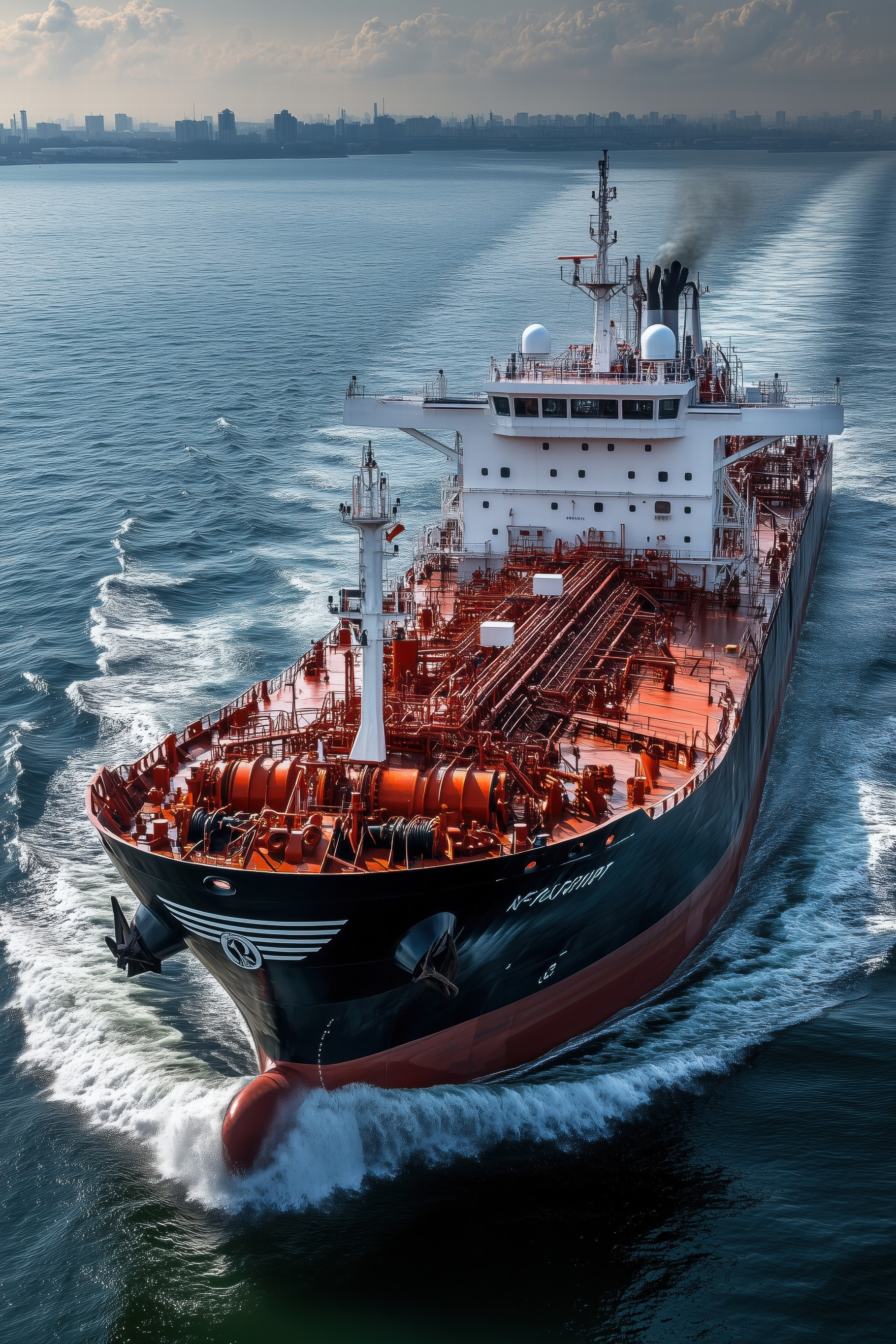 A large oil tanker ship traveling through narrow waters.
