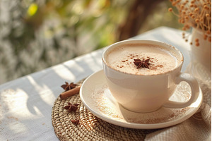 Chai latte served on a table with a, a Food & Drink Photo by Lermont51