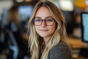 A Data Engineer young woman with long blonde hair and glasses smiles warmly at, a Person Photo by Textures & Backgrounds