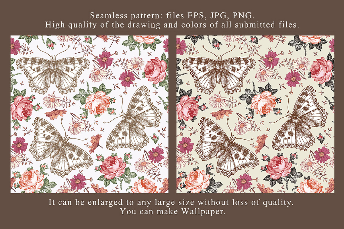 4 Seamless Butterflies Roses insects, a Pattern Graphic by Vintage (Photo 3 of 14)