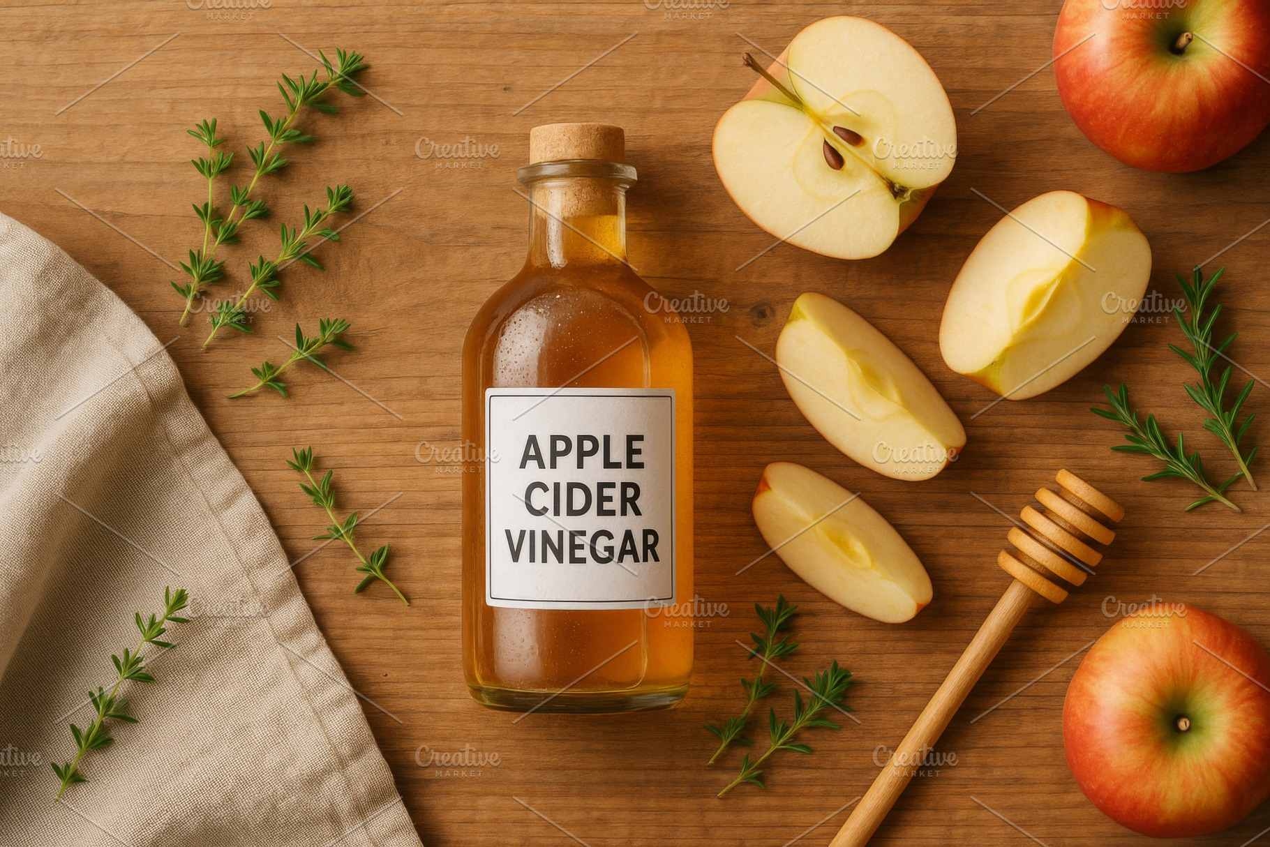 Apple cider vinegar bottle with hone, a Photo by Dvoevnore photos