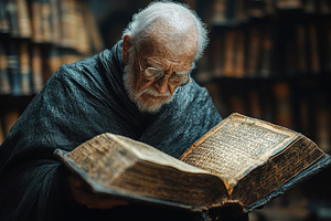 Elderly scholar studying ancient tex, a Photo by Tanuart