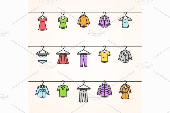 Clothing Icons Set On Hanger. Vector