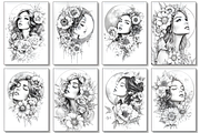 Moon with Flower Queens Coloring Pag, a Decorative Illustration by Design Station (Thumbnail 2 of 3)