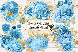 Blue And Gold Floral Clipart