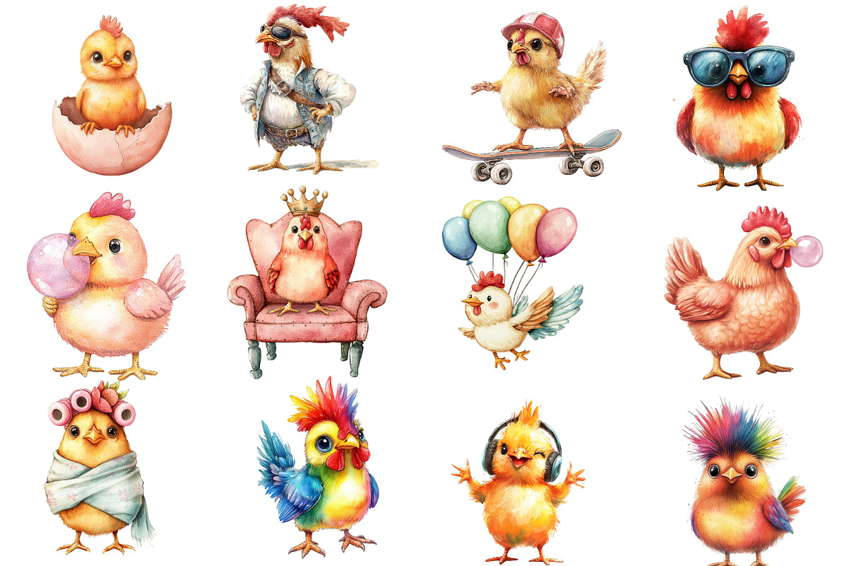 Funny Chicken Watercolor Clipart Bun, an Illustration by Watercolor design (Photo 2 of 5)