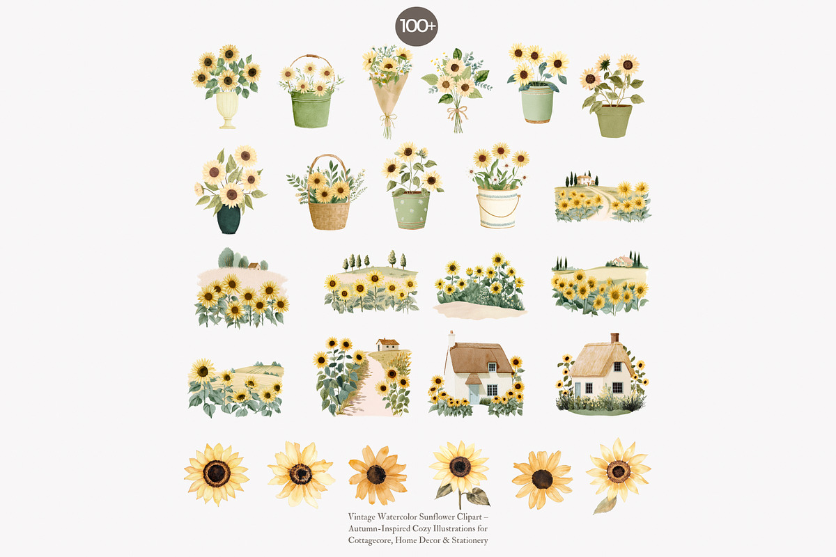 sunflower cottagecore clipart set, a Decorative Illustration by Patishop Art (Photo 7 of 10)