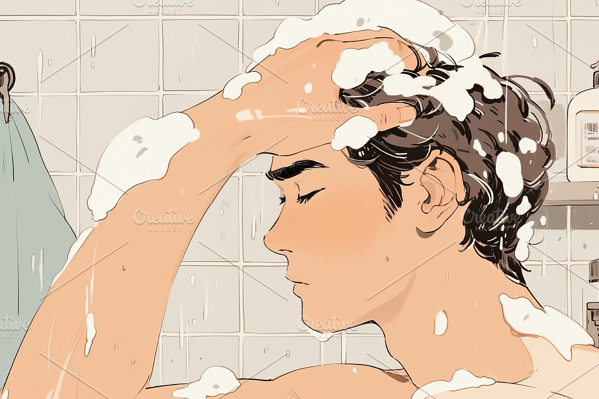 Man washing hair with shampoo in the shower, relaxing and cleansing routine, an Illustration by AS photostudio