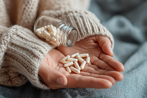 Hands holding pills from a small gla, a Photo by Pixeness Studio