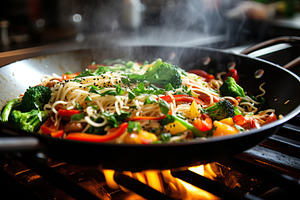 Cooking fresh vegetables and noodles in pan, a Food & Drink Photo by AlyaAnd