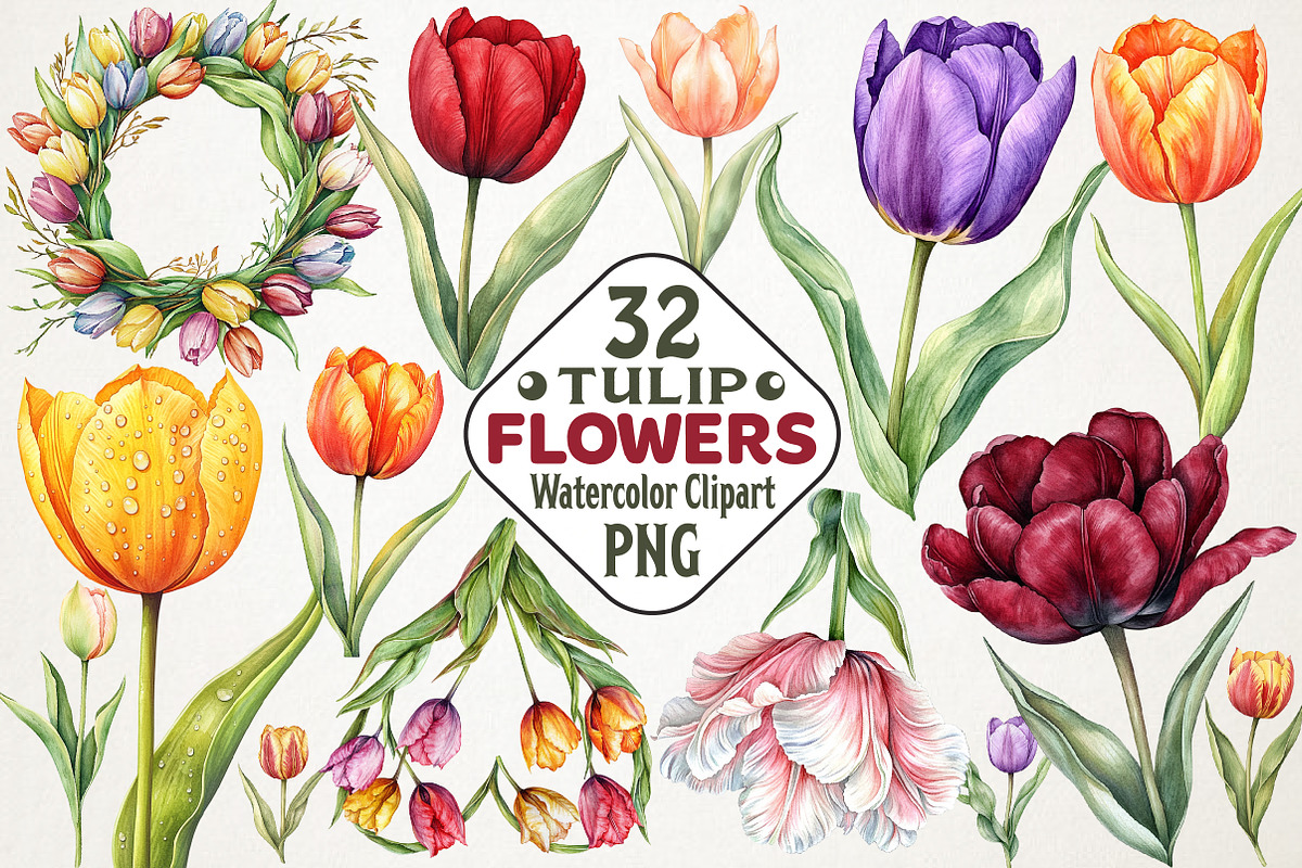 Watercolor Tulip Flower Clipart, an Illustration by RobertsArt (Photo 1 of 5)