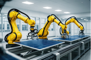Yellow robotic arms assembling solar, an Industrial Photo by Sergey Kotenev