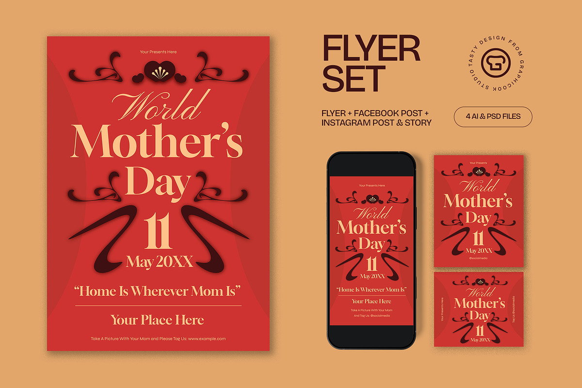 Red Vintage Mother's Day Flyer Set, a Flyer Template by graphicook (Photo 1 of 3)