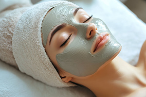 Woman relaxing with a clay face mask, a Photo by Pavel_design