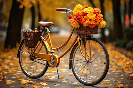 Retro bycicle with flowers in autumn park, a Transportation Photo by AlyaAnd