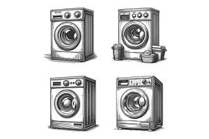 washing machine engraving set vector, an Object Illustration by AlexArt
