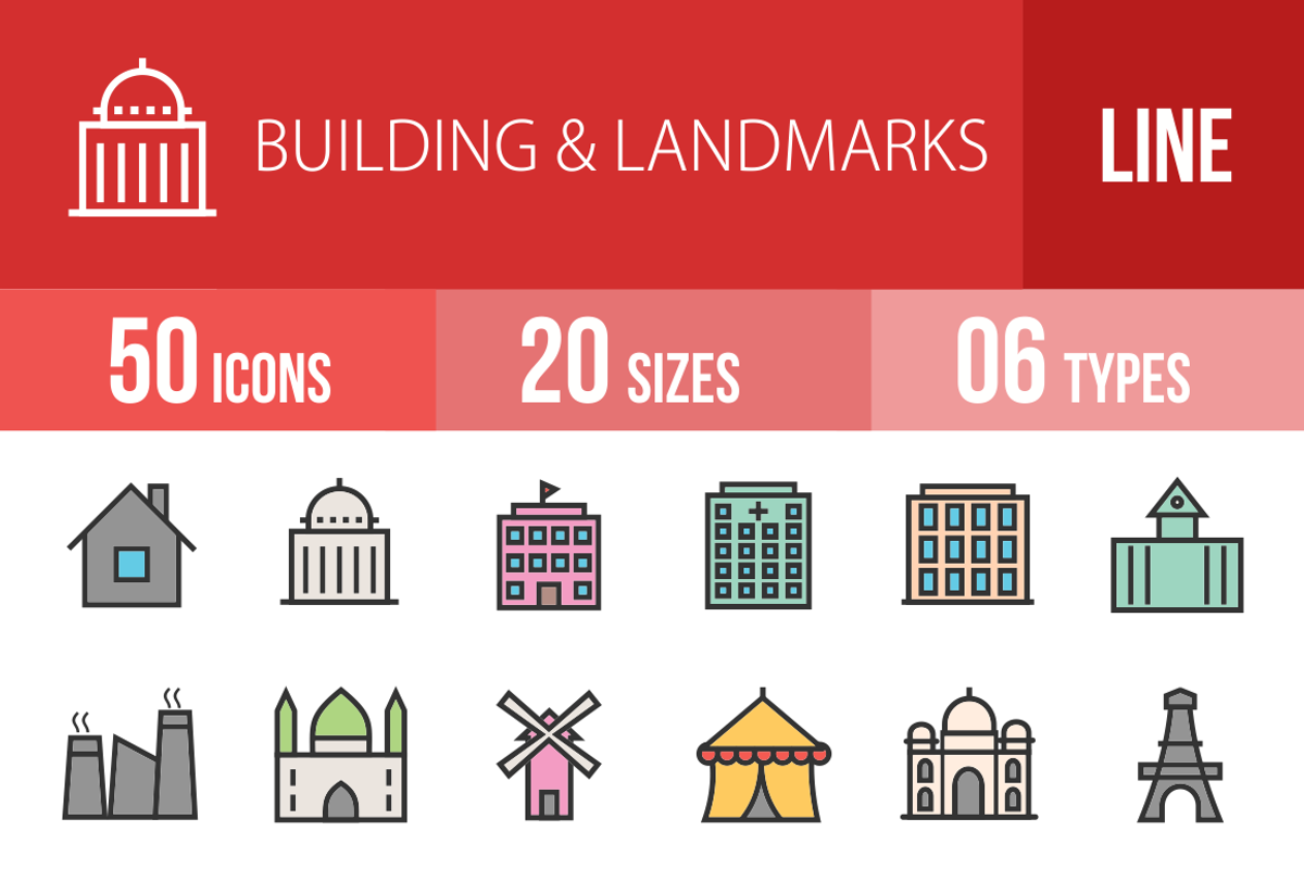 50 Buildings Line Filled Icons