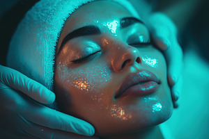 A close-up of a woman esthetic technologist receiving a facial treatment, with, a Person Photo by Textures & Backgrounds