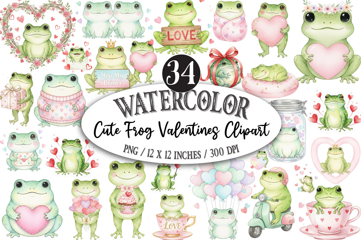 Watercolor Cute Frog Valentines Clip, an Illustration by Designking (Photo 1 of 5)