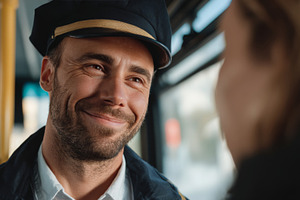 Smiling bus driver engaging with a passenger, showcasing warmth and friendlines, a Person Photo by ImageMir