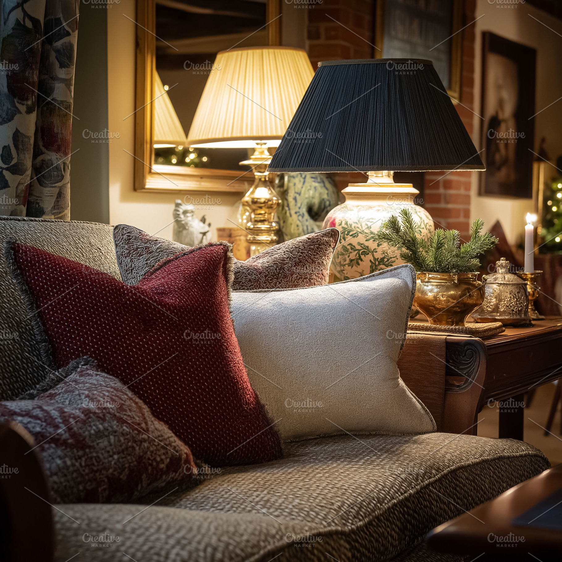 Cozy living room sofa with decorative cushions, warm lamps providing ambient li, a Holiday Photo by Studio ANNA