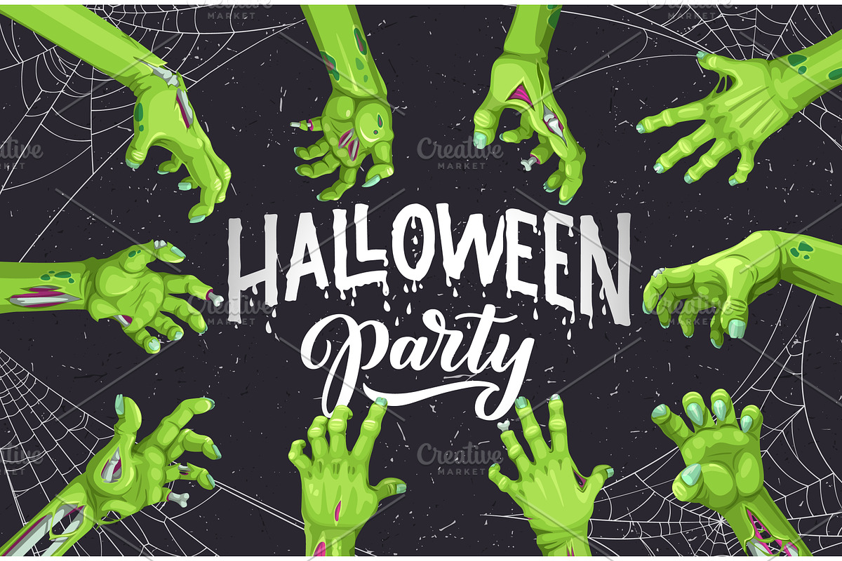 Halloween zombie hands on cobweb, an Illustration by Vector Tradition