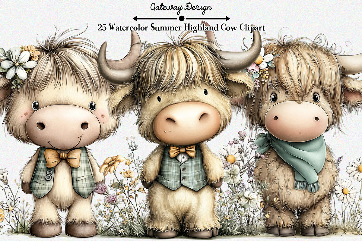 Watercolor Summer Highland Cow Clipa, an Illustration by GatewayDesign (Photo 1 of 6)
