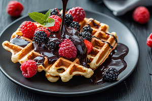 Waffles topped with fresh berries and melted chocolate served on a black plate, a Food & Drink Photo by AlyaAnd