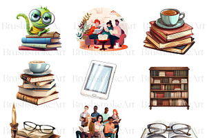 Watercolor Reading Clipart, Books PN