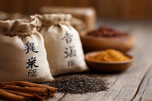 Rustic sacks of traditional Asian, a Food & Drink Photo by MistyDay