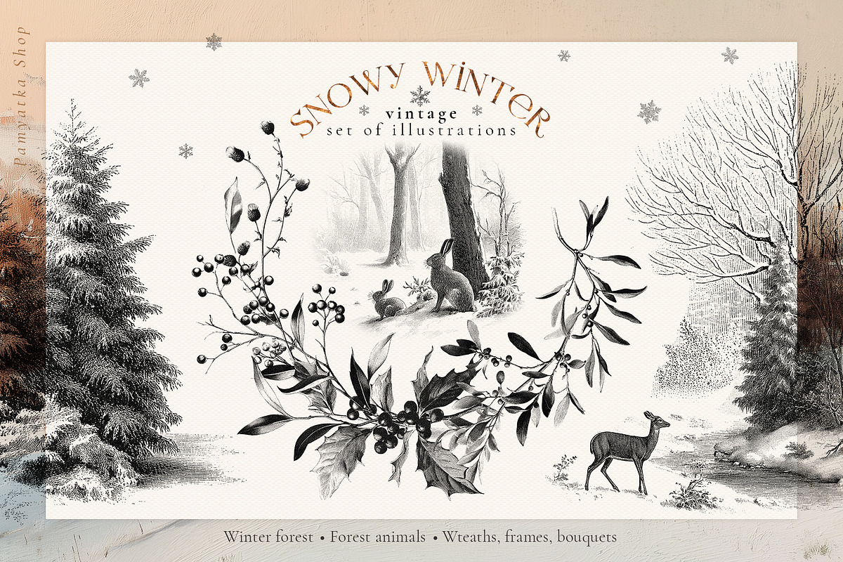 Snowy Winter - vintage illustrations, a Seasonal Illustration by Pamyatka Shop (Photo 1 of 17)