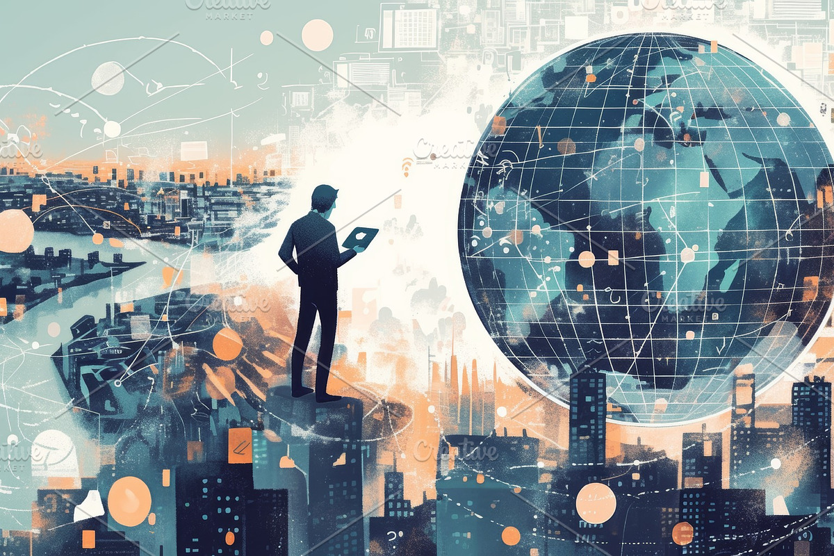 Futuristic technology concept with global digital network and cityscape, an Illustration by AS photostudio