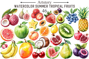 Watercolor Tropical Fruits Summer, an Illustration by designcity5
