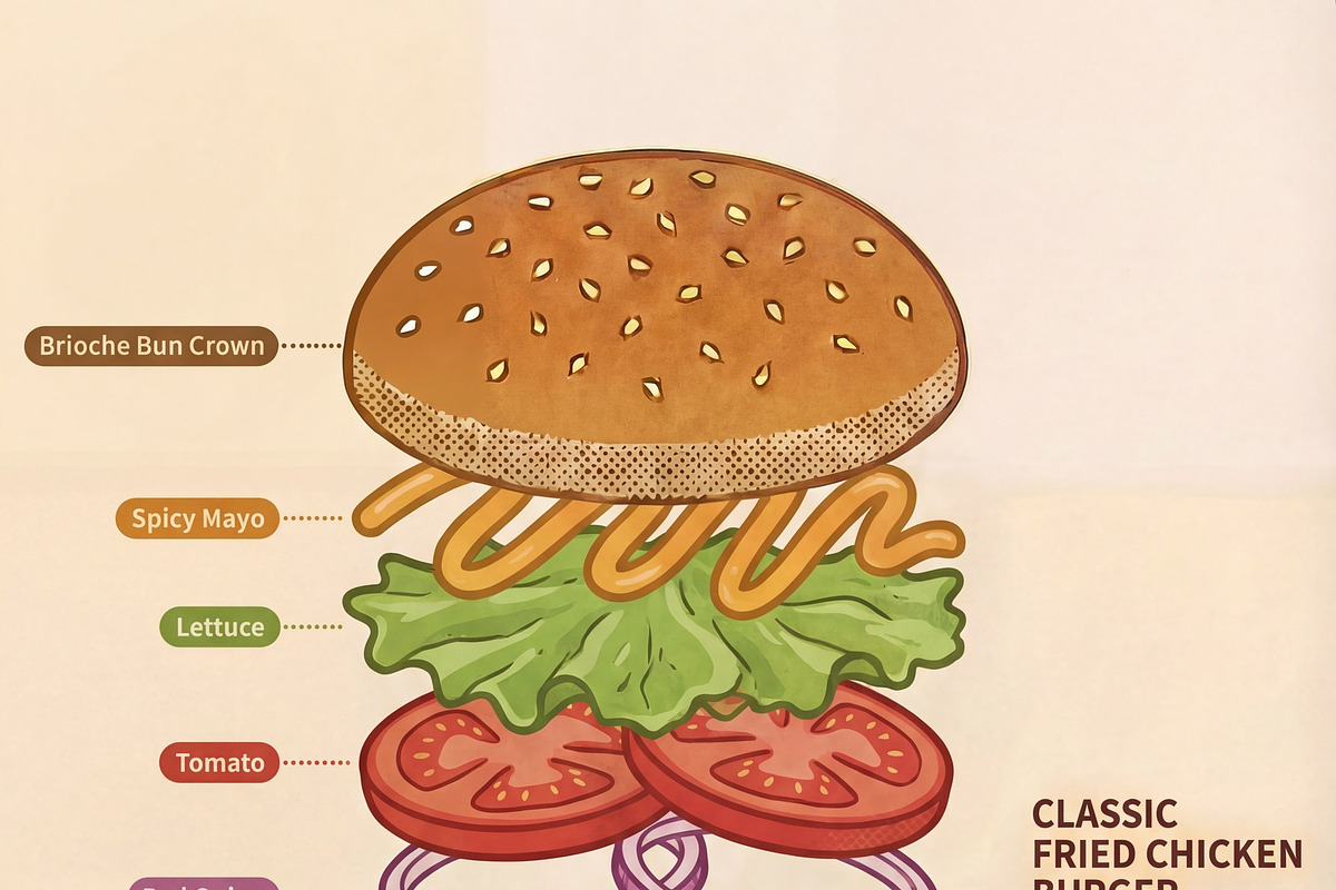 Exploded View Classic Chicken Burger, a Food Illustration by Virgo Studio