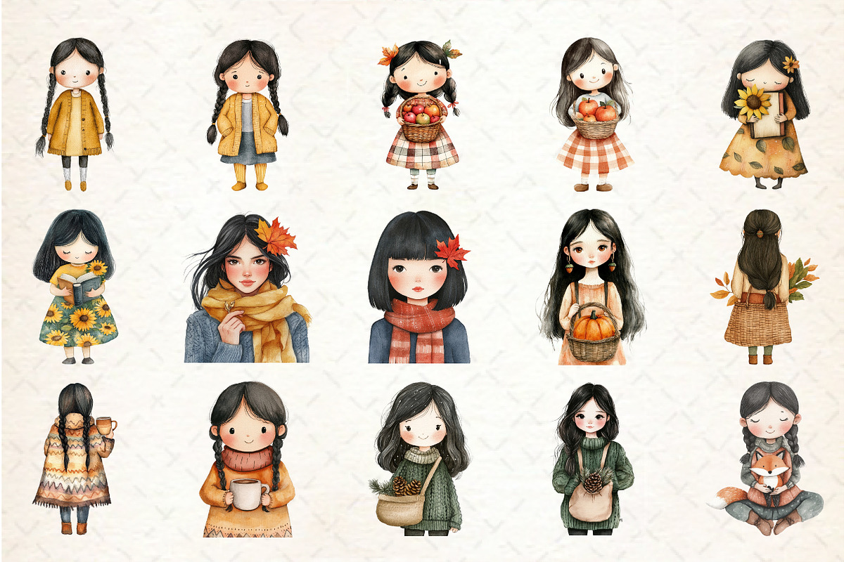 Whimsical Fall Black Hair Girl Clipa, a Seasonal Illustration by Rose Art (Photo 2 of 7)