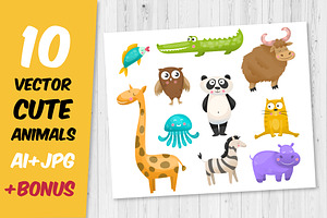 10 cute vector animals set + bonus