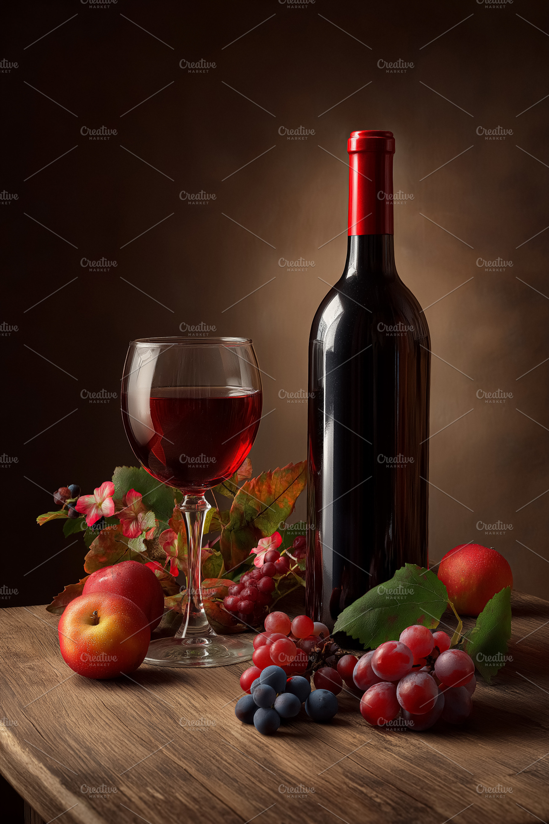 Red wine pouring from bottle into glass with fresh apples and grapes on rustic, a Food & Drink Photo by Studio ANNA