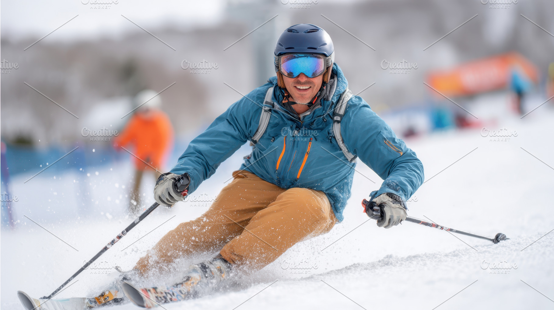 Man skiing joyfully on snowy slope, a Sports & Recreation Photo by AlyaAnd