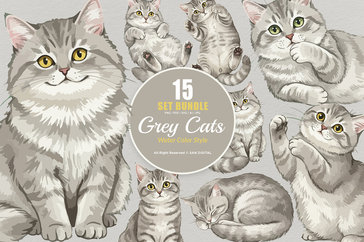 15 Bundle Watercolor Grey Cats Pet, an Animal Illustration by Morspective (Photo 8 of 15)