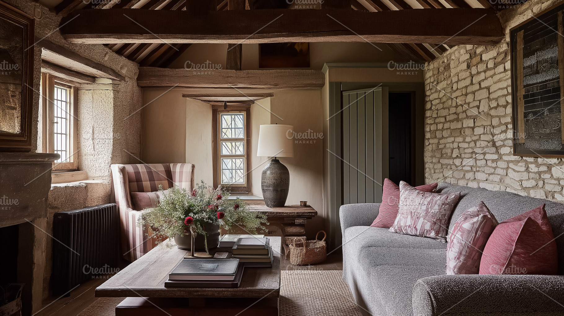 Cozy living room interior with rustic stone walls, wooden beams, and traditiona, an Architecture Photo by Studio ANNA