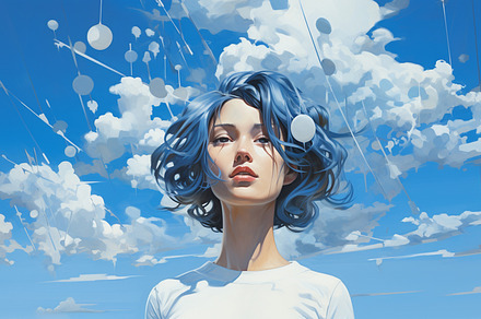 Beautiful young woman with flying ha, a Photo by LOGOCREATIVE