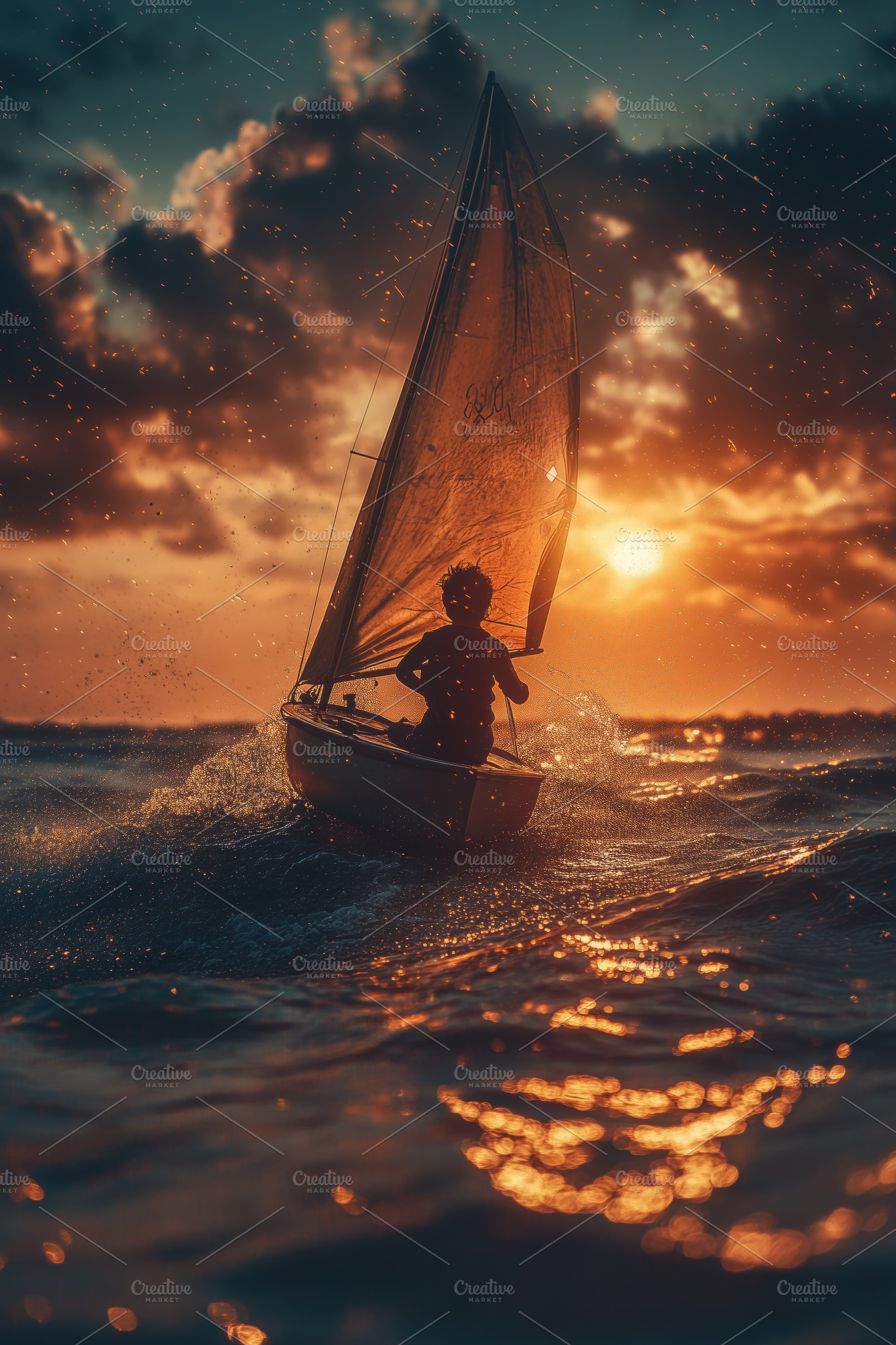 A silhouette of a child sailing a small boat during sunset, with vibrant orange, a Person Photo by Textures & Backgrounds