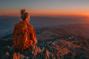Hiker with orange backpack overlooks mountains at sunset from a, a Photo by AS photostudio