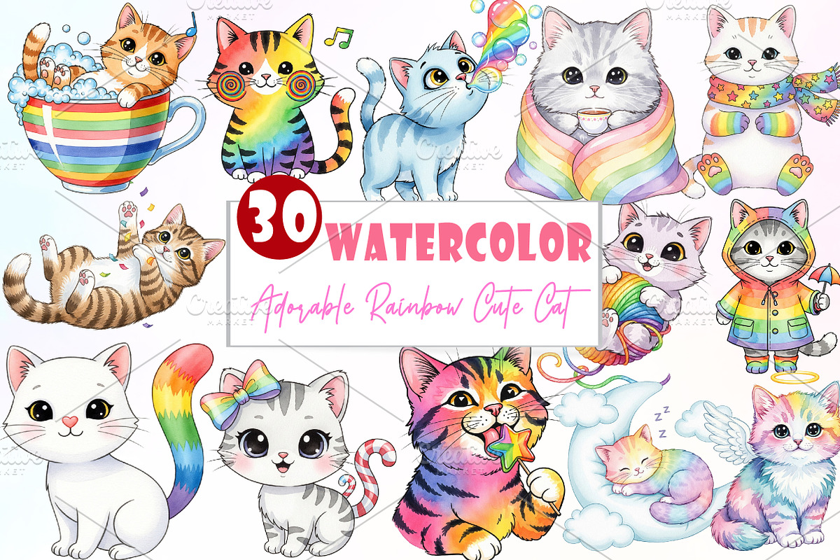Adorable Rainbow Cute Cat Clipart, an Illustration by Watercolor design (Photo 1 of 6)