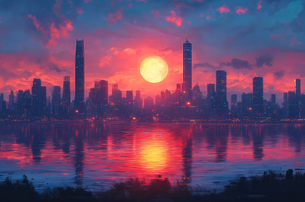 Vibrant sunset illuminates a city sk, a Photo by Tanuart