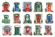 Watercolor Christmas doors PNG, a Seasonal Illustration by dashtik (Thumbnail 6 of 7)