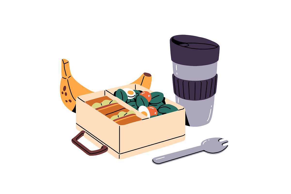 Lunchbox with food, drinks set, a Food Illustration by PaperTrident (Photo 8 of 15)