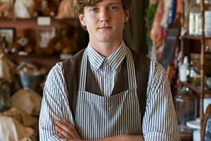 Young male shopkeeper wearing apron in vintage retail store, sma, a Person Photo by Studio ANNA